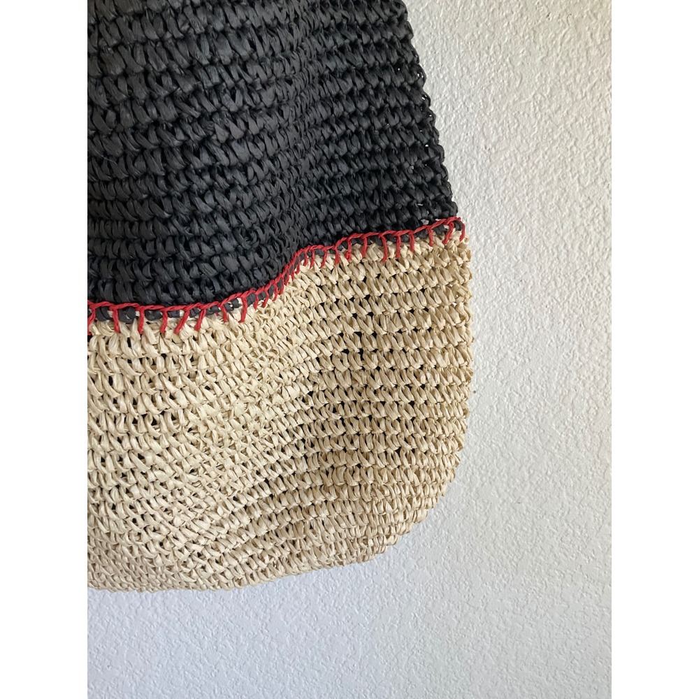 Sonoma Goods For Life Woven Straw Hobo Bag Black Tan Colorblock Red Whipstitch - Picture 4 of 9